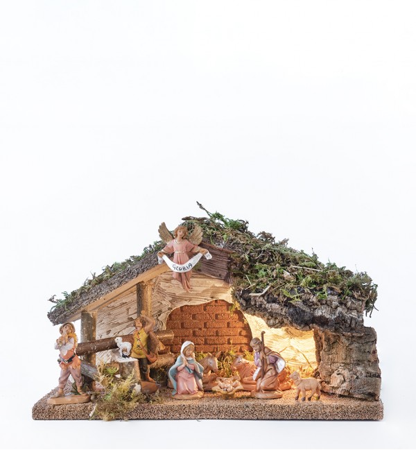 Capanna n.405/L con 9 pezzi per presepe cm.6,5 con luce