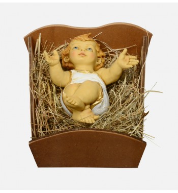 Bambino in resina e culla in legno per presepe cm.85